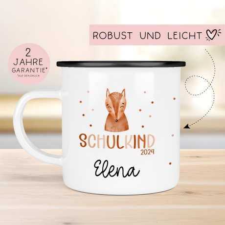 Kindertasse Schulkind 2024 mit Fuchs-Motiv - personalisierte Emaille-Tasse mit Namen - ideales Kindergeschirr Schulanfang