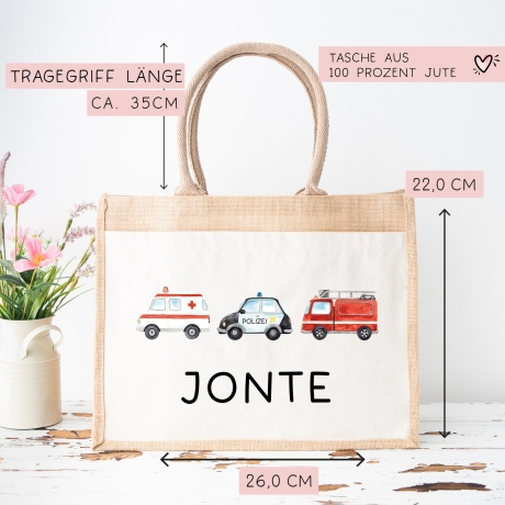 Tasche mit Wunschnamen RTW Polizeiwagen Feuerwehr Krankenwagen | 100% Jute | Geschenk Geschenk zum Geburtstag, Nikolaus, Weihnachten Ostern