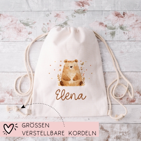 Turnbeutel Rucksack mit Namen Sitzender Bär -GymBag als Wäschebeutel, Sportbeutel Kinderbeutel für Schule, Kindergarten, Kita.Personalisiert