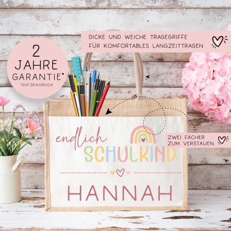 Endlich Schulkind Tasche 2024 personalisiert mit Namen Schultasche, Geschenk Einschulung, personalisierte Jutetasche, Einschulungsgeschenk