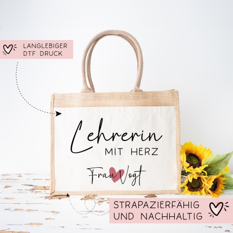 Lehrerin mit Herz Tasche mit Namen - kleines Geschenk - Dankeschön Juteasche Abschiedsgeschenk - Beste Lehrerin mit Wunschtext