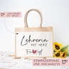 Lehrerin mit Herz Tasche mit Namen - kleines Geschenk - Dankeschön Juteasche Abschiedsgeschenk - Beste Lehrerin mit Wunschtext