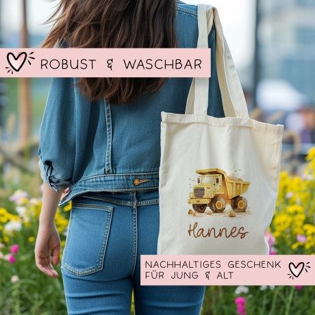 LKW Kipper Stofftasche Tasche Kinder-Beutel mit Namen Wunschname als Sporttasche, Wechselwäsche, Tragetasche - Kita, Schule & Kindergarten