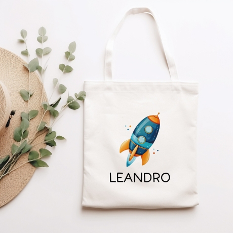 Rakete Personalisiert Stofftasche - Einkaufstasche Kinder-Beutel mit Namen als Sporttasche, Tragetasche Wechselwäsche für Kita Schule - 04