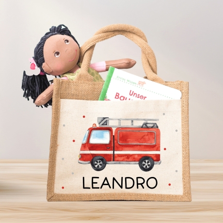 Feuerwehrwagen Pocket Tasche Wunschnamen | 100% Jute | Feuerwehrauto Löschfahrzeug | Geschenk zum Geburtstag, Nikolaus, Weihnachten Ostern