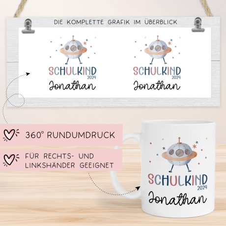 Kindertasse Schulkind 2024 mit UFO-Weltraum-Motiv - personalisierte Kakao Tasse mit Namen - ideales Einschulungsgeschenk