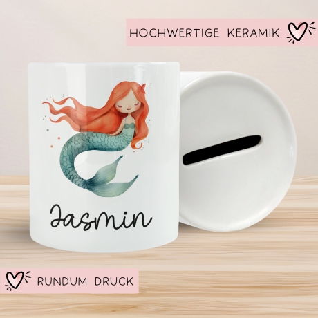 Meerjungfrau Spardose Personalisiert mit Name oder Wunschnamen für Mädchen aus Keramik. Geschenk Taufe, Geburtstag od. Weihnachten