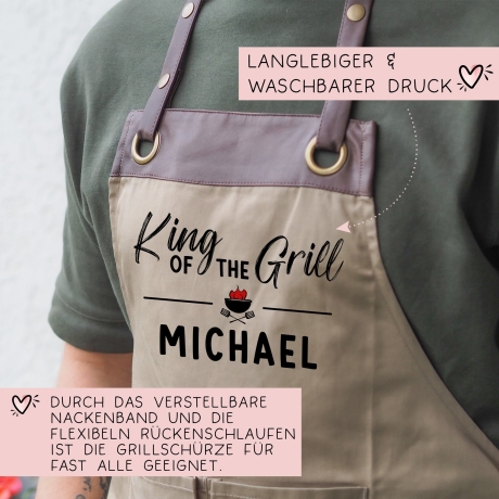 King of the Grill Grillschürze personalisiert für Männer mit Name & Kunstleder zum Geburtstag - Weihnachten Baumwollschürze, Küchenschürze
