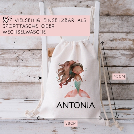 Personalisierter Turnbeutel Meerjungfrau | Nixe mit Wunschnamen Rucksack Schule, Kindergarten, KITA, Wäschebeutel, Sportbeutel,Wechselwäsche
