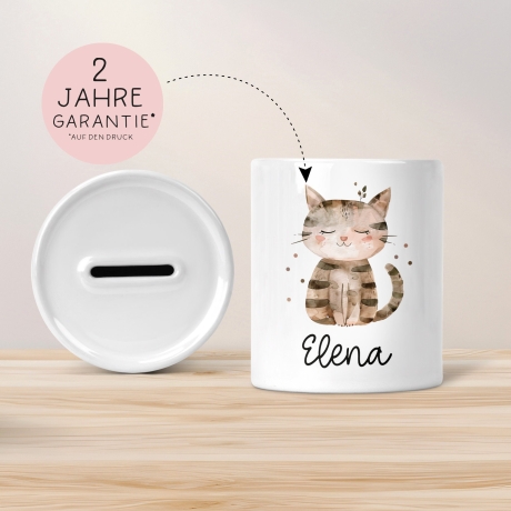 Personalisierte Kinder Spardose Katze Tier mit Namen optional mit Datum - Braun - Geschenk für Junge & Mädchen zum Geburtstag Weihnachten
