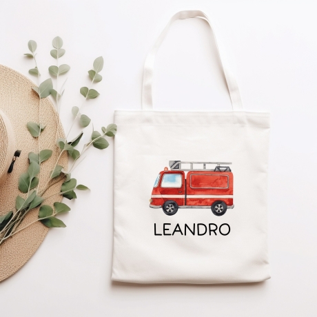 Stofftasche Feuerwehrauto Personalisiert mit Namen. Feuerwehr für Schule und Kindergarten als Wäschebeutel Wechselwäsche für Mädchen & Junge