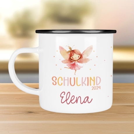 Schulanfang  Kindertasse Schulkind - personalisiertes Emaille- Einschulung mit Namen, Fuchs, Bär, Flugzeug, Fee Ballerina Bagger