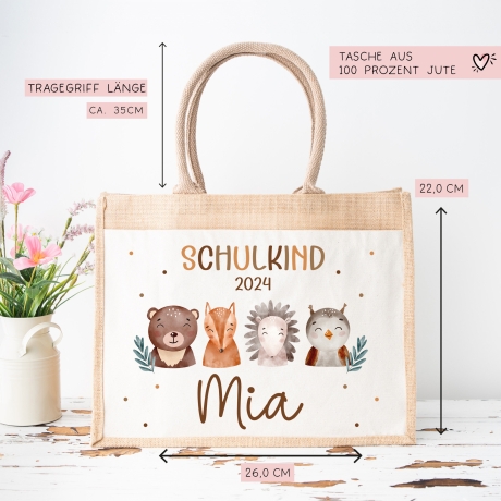 Schulkind Tasche 2024, Waldtiere Bär, Eule Fuchs Igel, Geschenk Einschulung, Schultüte, personalisierte Jutetasche, Einschulungsgeschenk