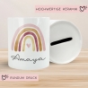 Personalisierte Kinder Spardose Regenbogen Aquarell mit Namen und Datum - Orange - Geschenk für Mädchen zum Geburtstag Weihnachten Firmung