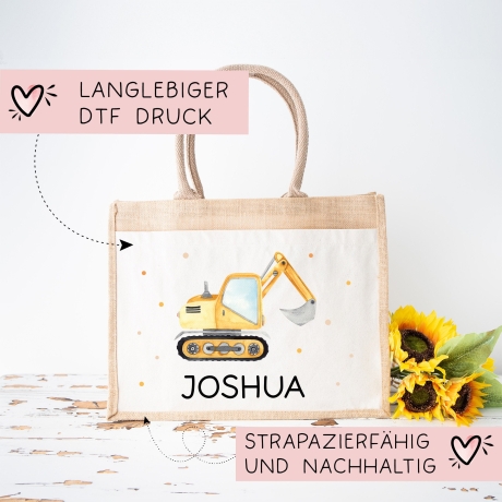 Schaufelbagger Pocket Tasche Wunschnamen | 100% Jute | Bagger Baustelle | Geschenk Einschulung | Schultüte personalisiert oder Weihnachten
