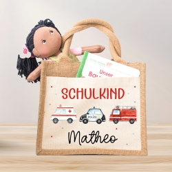 RTW Polizeiwagen Feuerwehr Krankenwagen Schulkind Tasche Wunschnamen | 100% Jute | Geschenk Einschulung | Schultüte personalisiert | Schule
