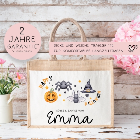 Halloween Tasche mit Namen | Süßes oder Saures | Wunschnamen | Candy Bag aus Jute | Tragetasche für Kinder für Süßigkeiten | Kürbis Spinne