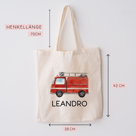 Stofftasche Feuerwehrauto Personalisiert mit Namen. Feuerwehr für Schule und Kindergarten als Wäschebeutel Wechselwäsche für Mädchen & Junge