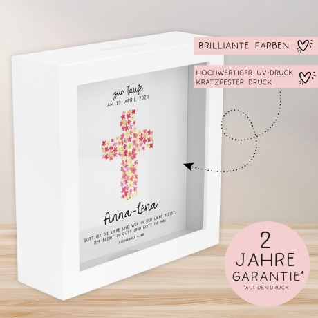 Kreuz Pink Holz Spardose Taufe personalisiert mit Namen zur Geburt Kommunion Konfirmation eines Kindes mit Taufspruch als Geldgeschenk