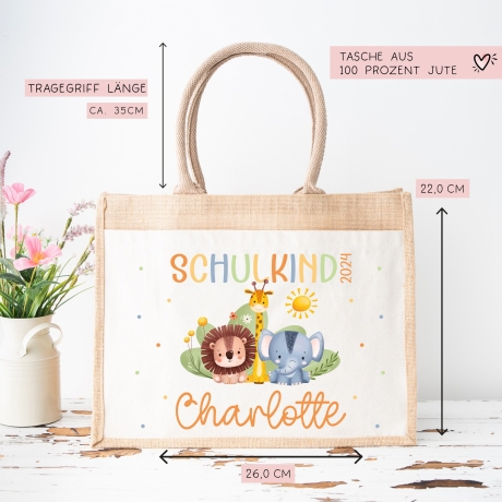 Schulkind 2024 Tasche, Zoo, Löwe Giraffe, Elefant, Schultasche, Geschenk Einschulung, personalisierte Jutetasche, Einschulungsgeschenk
