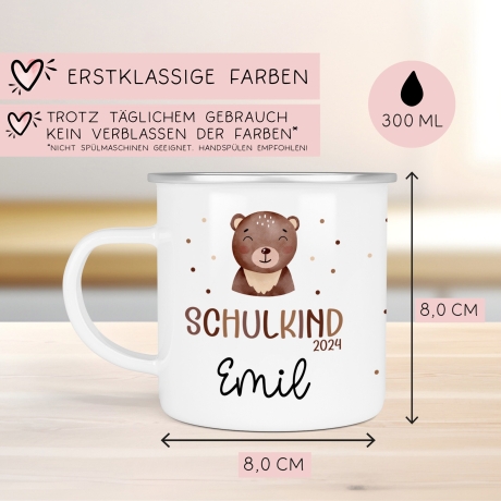 Schulanfang Schulkind 2024 Emaille-Tasse, personalisierte Kindertasse mit Namen, Einschulungsgeschenk Bär