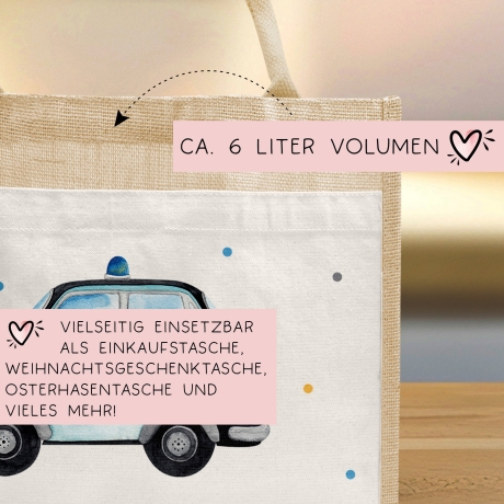 Polizeiwagen mit Wunschnamen Tasche | 100% Jute | Streifenfahrzeug Streifenwagen | Geschenk zum Geburtstag, Nikolaus, Weihnachten Ostern
