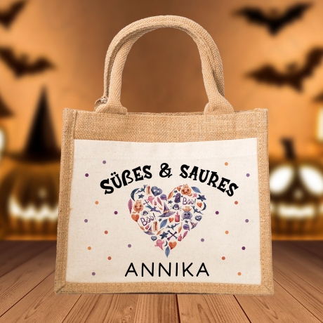 Halloween Tasche mit Namen - Wunschnamen aus Jute - Fledermaus Geist Spinne - Süßes oder Saures - Personalisiert - Für Kinder ab 2 Jahre