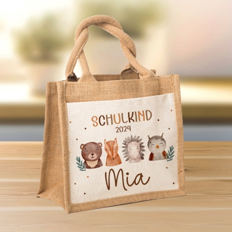 Schulkind Tasche 2024, Waldtiere Bär, Eule Fuchs Igel, Geschenk Einschulung, Schultüte, personalisierte Jutetasche, Einschulungsgeschenk