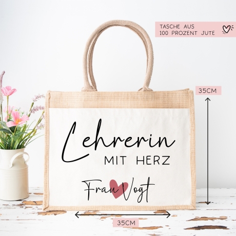 Lehrerin mit Herz Tasche mit Namen 14 Liter - kleines Geschenk - Dankeschön Juteasche Abschiedsgeschenk - Beste Lehrerin mit Wunschtext