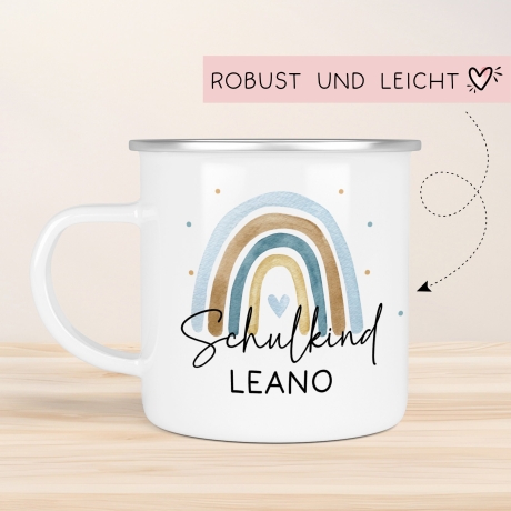 Schulanfang Schulkind Emaille Tasse Becher | Personalisiert mit Wunschnamen | Kindertasse zur Einschulung | Regenbogen im Aquarell-Stil
