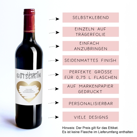 Gutschein von Herzen Weinflaschen-Etikett | Personalisiertes Wein Flaschen Etikett | Rubbellos Weinetikett Weihnachten - Gold