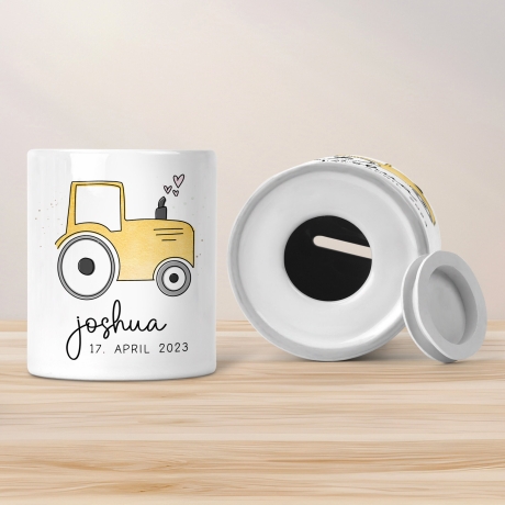Gelber Traktor Personalisiert Spardose Trecker mit Wunschname - Sparschwein -Geschenk-Geburtstag-Weihnachten-Geldgeschenk mit Wunschtext