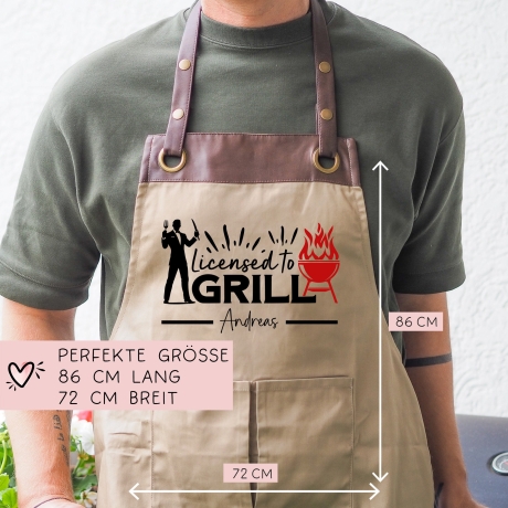 Grillschürze personalisiert Lizenz zum Grillen für Männer mit Name & Kunstleder zum Geburtstag - Weihnachten Baumwollschürze, Küchenschürze