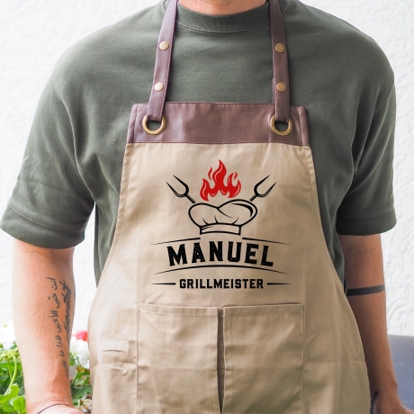 Grillschürze Kochmütze personalisiert für Männer mit Name Kunstleder Applikation zum Geburtstag - Weihnachten Baumwollschürze, Küchenschürze