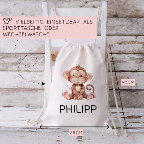 Kinder-Beutel mit Namen personalisiert - Affe - Stofftasche als Sporttasche, Wechselwäsche, Tragetasche - Kita, Kiga, Schule & Kindergarten