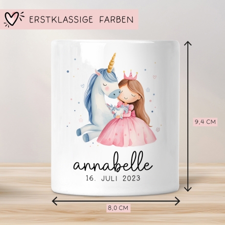 Spardose Einhorn & Prinzessin Blau Name Personalisiert für Mädchen zum Geburtstag, Taufe Kommunion Firmung Konfirmation, Weihnachten