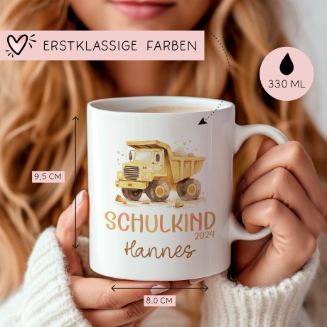 LKW Kipplaster Kindertasse Schulkind 2024 Name Kakao Tasse Kind Kindergeschirr personalisiert Kinder Geschenk Geburtstagsgeschenk