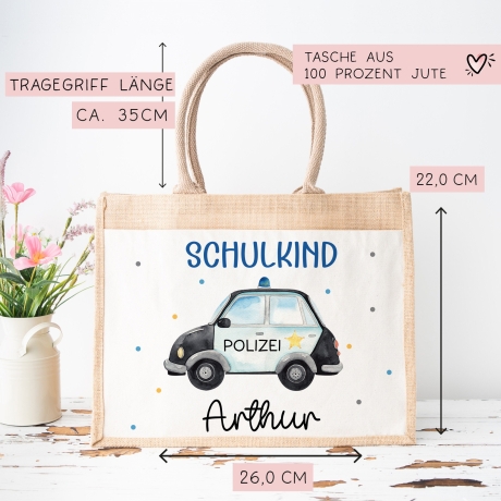 Polizeiwagen Schulkind Tasche Wunschnamen | 100% Jute | Streifenwagen Polizei | Geschenk Einschulung | Schultüte personalisiert | Schule