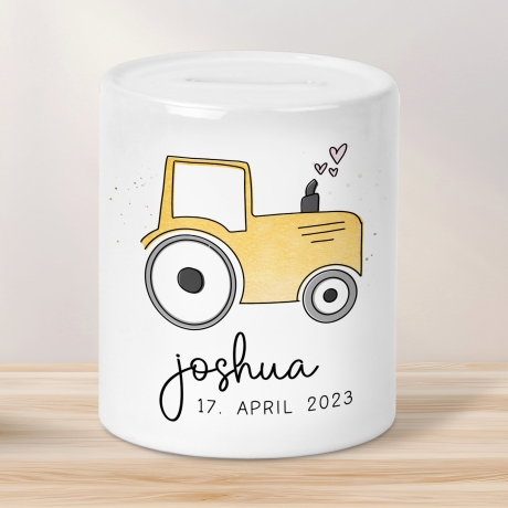 Gelber Traktor Personalisiert Spardose Trecker mit Wunschname - Sparschwein -Geschenk-Geburtstag-Weihnachten-Geldgeschenk mit Wunschtext