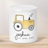 Gelber Traktor Personalisiert Spardose Trecker mit Wunschname - Sparschwein -Geschenk-Geburtstag-Weihnachten-Geldgeschenk mit Wunschtext