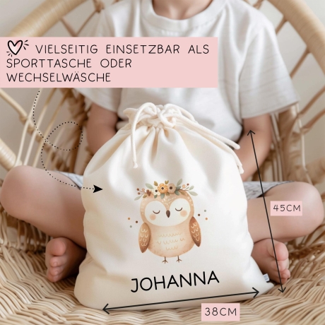 Personalisierter Turnbeutel Eule Wunschnamen für Schule - Sport - Kindergarten - KITA Kiga - als Wäschebeutel, Sportbeutel - Weihnachten
