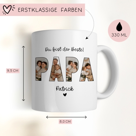 Tasse Papa mit Fotos personalisiert zum Vatertag - Fototasse mit eigenen Bildern selbst gestalten - Bester Papa, Vater, Dad Geschenk - 330ml
