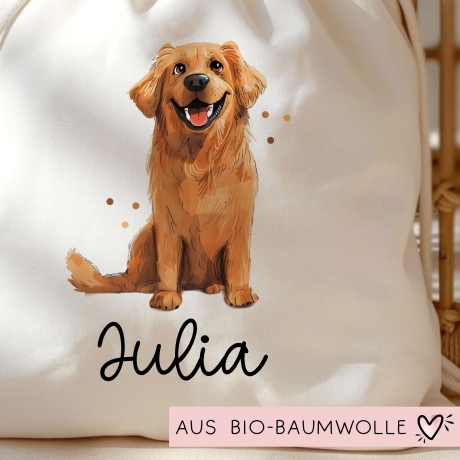 Personalisierte Stofftasche Golden Retriever Hund Name - Kinder Beutel Kindertasche mit Wunschname - Wechselwäsche - Tasche- Wechselkleidung