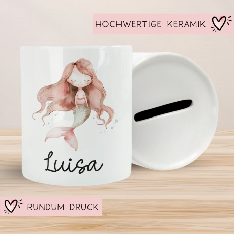Spardose Meerjungfrau Personalisiert mit Name oder Wunschnamen für Mädchen aus Keramik. Geschenk Taufe, Geburtstag od. Weihnachten - 07