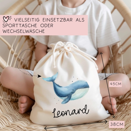 Turnbeutel Wäschebeutel Wal Blauwal - Personalisiert - Wunschnamen - Schule - mit Name - Rucksack - Wechselkleidung - Weihnachten