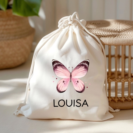 Rosa Schmetterling Stoff Tasche Personalisiert und Namen. Für Kindergarten und Schule - Wäschebeutel Wechselwäsche KITA | Mädchen & Junge