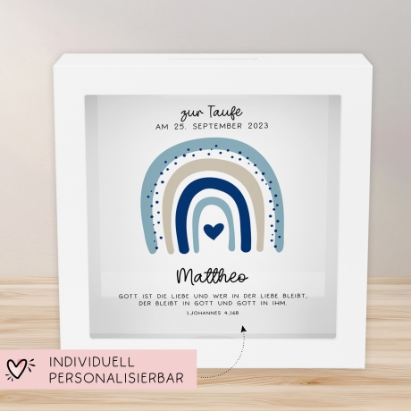 Regenbogen Blau Holz Spardose Taufe personalisiert mit Namen zur Geburt Kommunion Konfirmation eines Kindes mit Taufspruch als Geldgeschenk