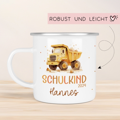 LKW Kipplaster Kindertasse Schulkind Name Emaille Tasse Kind Schulanfang personalisiert Kinder Geschenk Geburtstagsgeschenk
