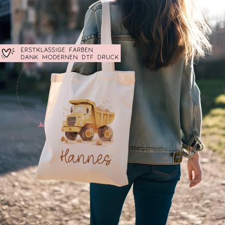 LKW Kipper Stofftasche Tasche Kinder-Beutel mit Namen Wunschname als Sporttasche, Wechselwäsche, Tragetasche - Kita, Schule & Kindergarten