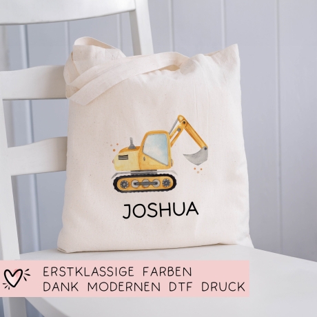 Stofftasche Bagger Baustelle Personalisiert mit Namen. Für Schule und Kindergarten als Wäschebeutel Wechselwäsche für Mädchen & Junge